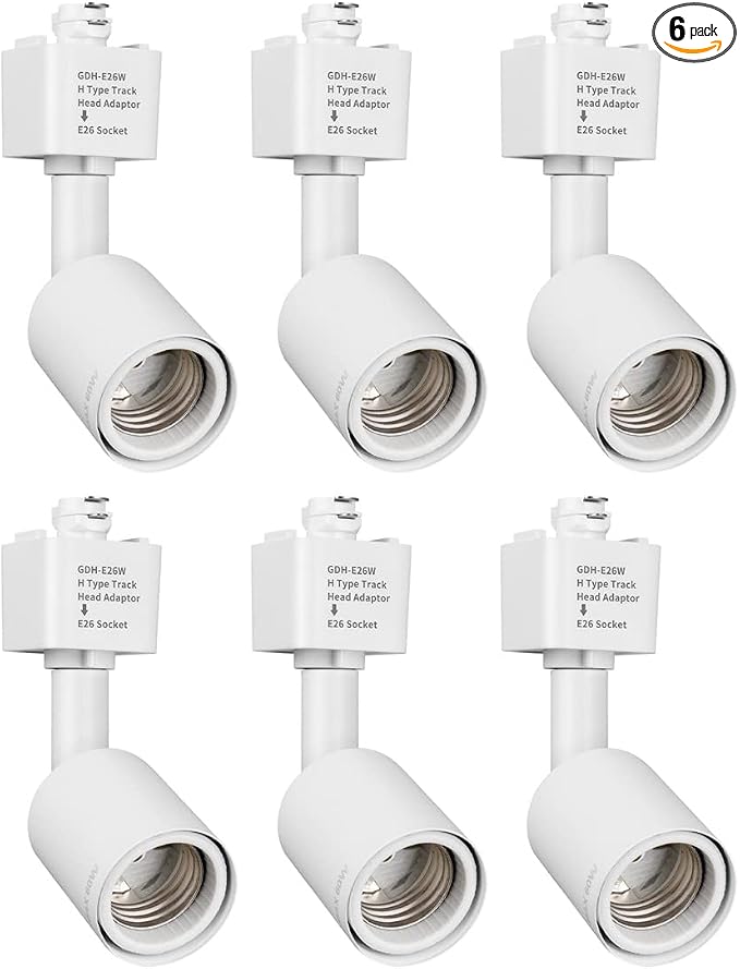 mirrea H Type Track Lighting Head to E26 Medium Screw Base Adapter Light Direction Adjustable Pack of 6 (White)