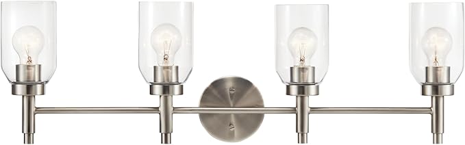 Kichler Madden 4-Light Bathroom Vanity Light Fixture with Clear Glass in Brushed Nickel, Modern Wall Mount for Single or Double Vanity Over Mirror (10.5" x 34"), 55186NI