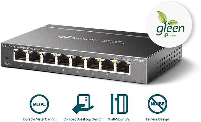 TP-Link 8 Port Gigabit Switch | Easy Smart Managed | Plug & Play | Desktop/Wall-Mount | Sturdy Metal w/ Shielded Ports | Support QoS, Vlan, IGMP and LAG (TL-SG108E)