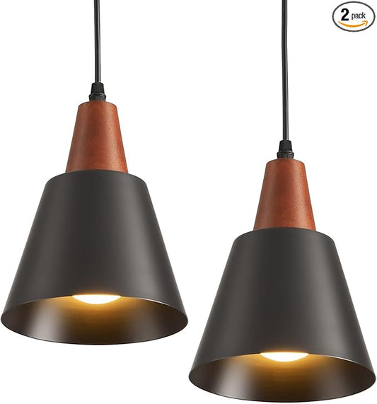 2 Pack Pendant Lights, Black Pendant Lights Kitchen Island,Wood Dome Minimalist Industrial Ceiling Hanging Lights for Kitchen Island, Barn, Dining Room, Living Roo m, Bedroom