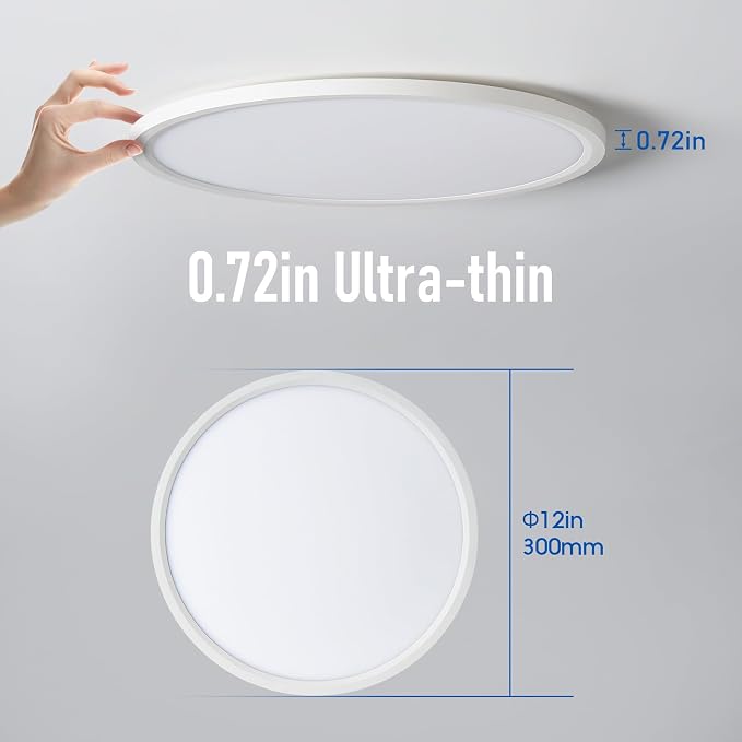 12 Inch Slim Dimmable LED Flush Mount Ceiling Light Fixtures, 24W 2640LM 3000K/4000K/5000K, Hardwired Led Lights for Bedroom Hallway Laundry Room Rental Units, 240W Equiv., White