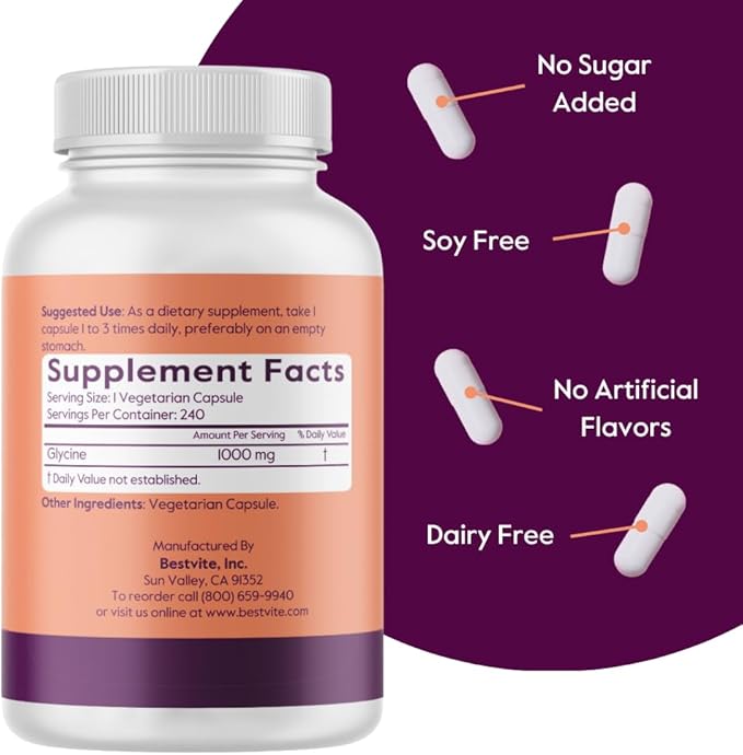 BESTVITE グリシン 1000mg/カプセル (240植物性カプセル) - ステアリン酸塩不使用 - ヴィーガン - 非遺伝子組み換え - グルテンフリー