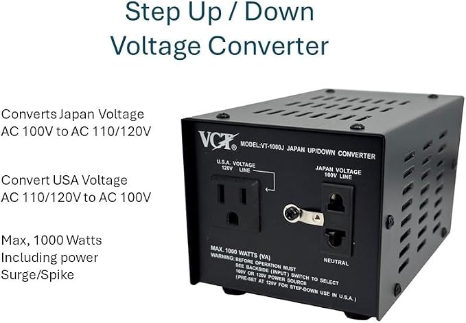 VCT VT-1000J - Japanese Step Up/Down Voltage Transformer Converts Japan 100 Volts To 120Volts OR Vice Versa -1000 Watt,black