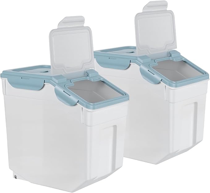Rice Storage Container 55 lbs, Airtight Flour Storage Container w/ 6 Snaps & Silicone Seal, Slanted Open & Clear Lid, 2 Wheels for Easy Move,Food & Cereal Storage,Cooking 2-Pack w/ Measuring Cup Blue