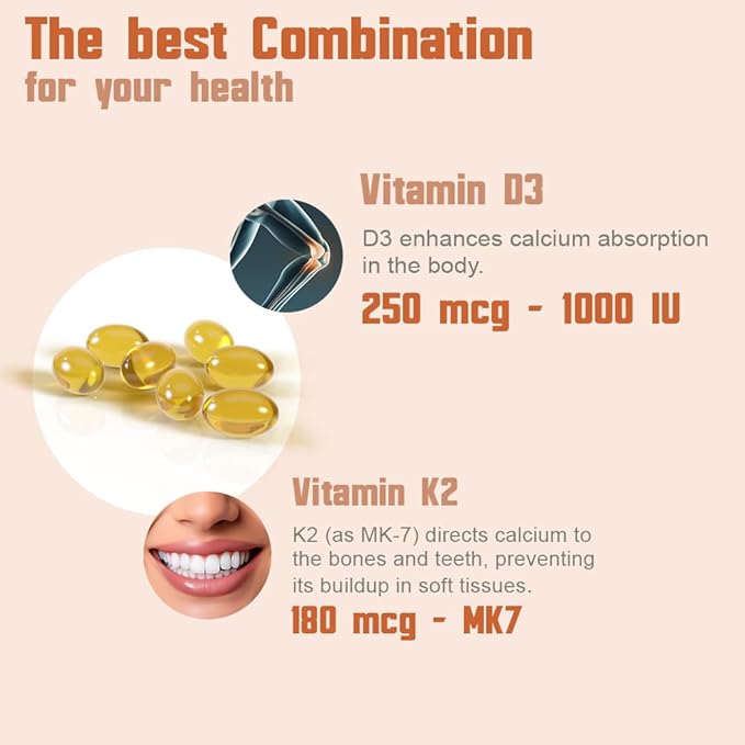 Health Dose ビタミンD3 10,000 IU + K2（MK7）サプリメント、2-in-1処方、免疫サポート、健康的な気分、心臓、関節、歯、骨の健康、カルシウム吸収、180粒。（2）