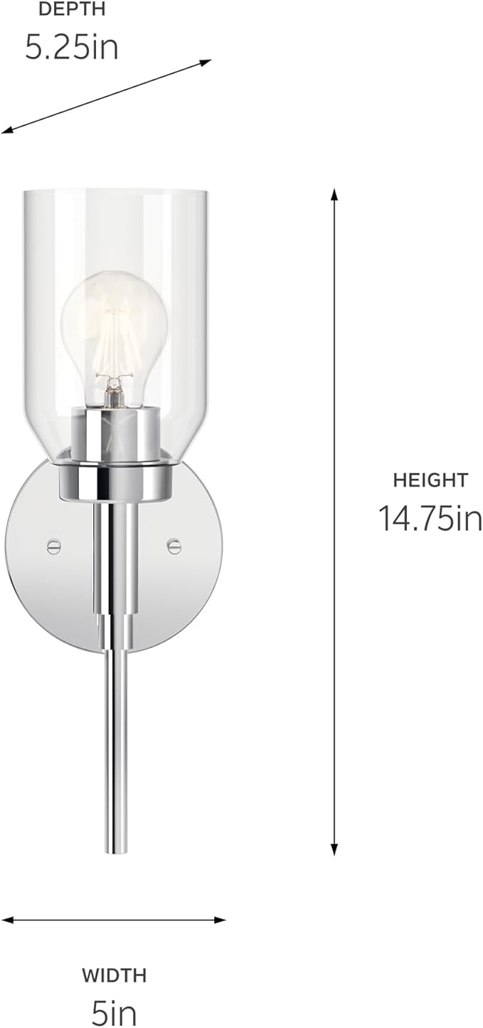 Kichler Madden 1-Light Wall Sconce Bathroom Light Fixture with Clear Glass in Chrome, Modern Bathroom Vanity Light for Bathroom or Hallway (14.75" x 5" x 5.25"), 55183CH