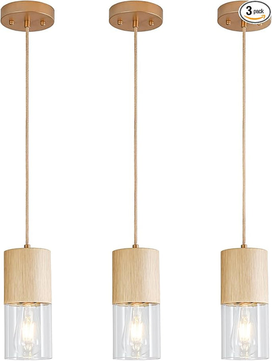 3-Pack Gold Pendant Light Fixtures, Adjustable Modern Pendant Lights for Kitchen Island, Industrial Clear Glass Pendant Lights for Dining Table Hallway Bedroom Living Room