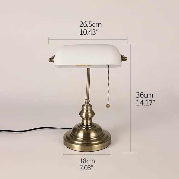 Glass Bankers Desk Lamp with Pull Chain Switch Plug in Fixture,Satin Brass Finish (White)