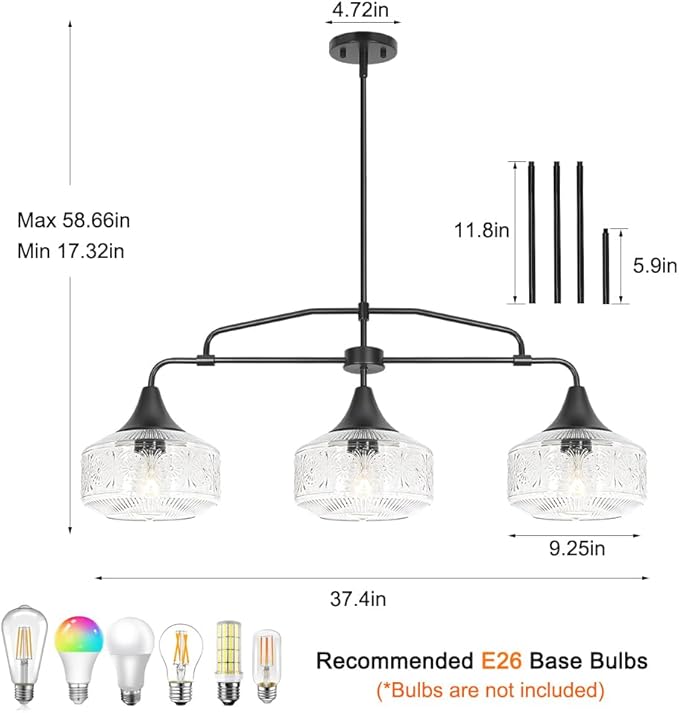 Farmhouse Kitchen Island Lighting, Black 3-Light Island Light for Kitchen, Adjustable Dining Room Light Fixture Over Table, Linear Chandelier Pendant Lighting with Clear Glass for Living Room Sink