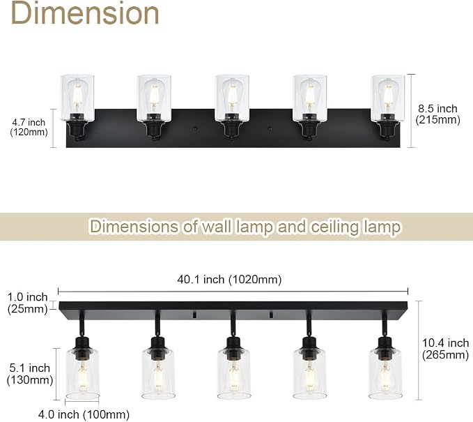 5 Light Black Bathroom Spotlight Fixture with Rotatable Light Head Indoor Vanity Lighting with Clear Glass Shade Metal Ceiling Mount Fixture