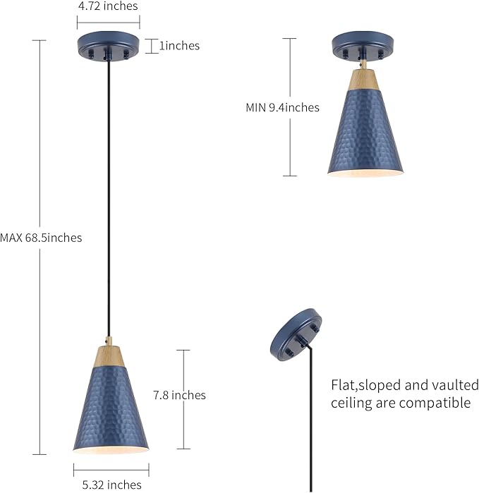 Dijiahua Blue Kitchen Pendant Lighting Over Island 3 Pack,Small Modern Farmhouse Chandeliers Navy Hammered Metal Shade,Mini Vintage Adjustable Cord Hanging Ceiling Lamp Fixtures Over Sink