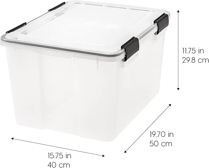 IRIS USA WeatherPro 47 Qt Storage Bins with Lids, 2 Pack, BPA-Free Plastic Gasket Box with Tight Latch and Seal, Stackable Nestable Tote Tub - Clear/Black