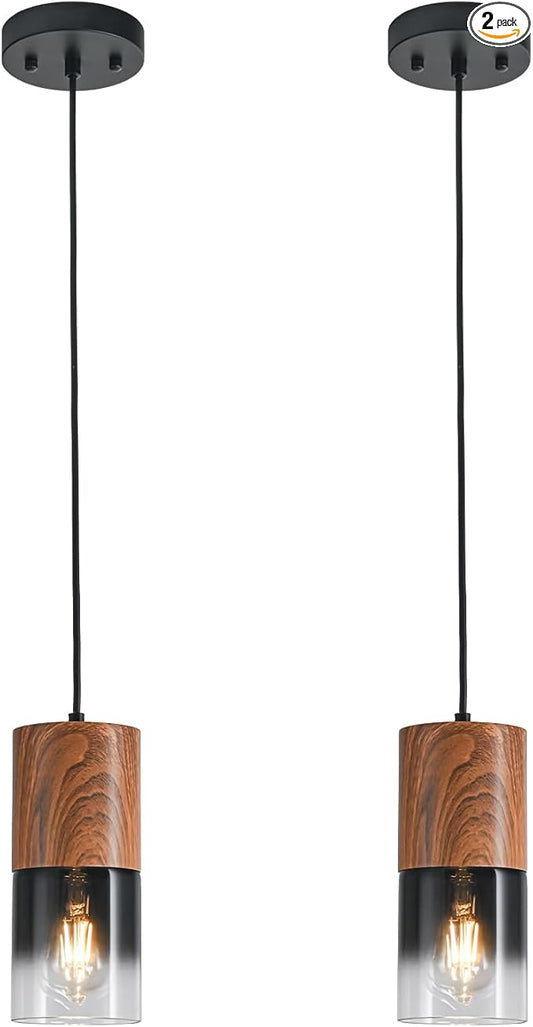 2-Pack Modern Pendant Lights for Kitchen Island, Adjustable Black Pendant Light Fixtures with Brown Wood Grain, Industrial Glass Pendant Lights for Dining Table Hallway Bedroom Living Room