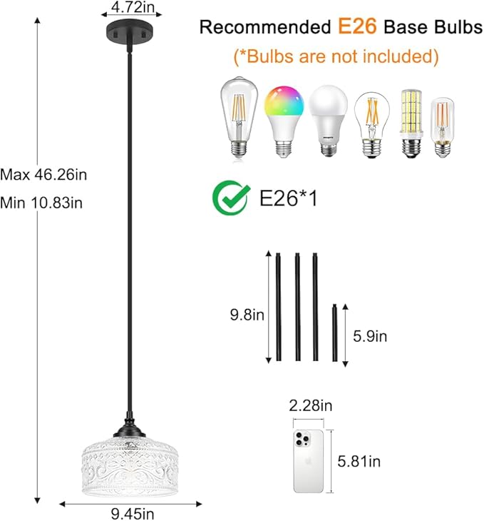 Black Vintage Pendant Lights Kitchen Island, Adjustable Height Kitchen Island Lighting, Bathroom Pendant Light with Clear Glass Shade- Dual Mount Ceiling & Hanging Fixtures with 90° Swivel for Decor