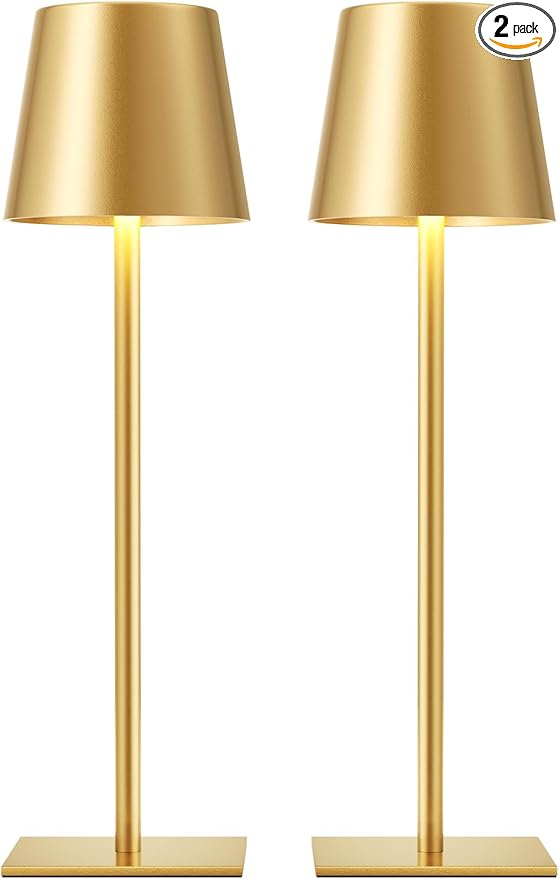 Gold Cordless Rechargeable Table Lamp, 2 Pack Portable Desk Lamp with 5000mAh Battery, Touch Control Stepless Dimming, Wireless Night Light for Dining, Outdoor Camping, Coffee Shop, Water Repellent