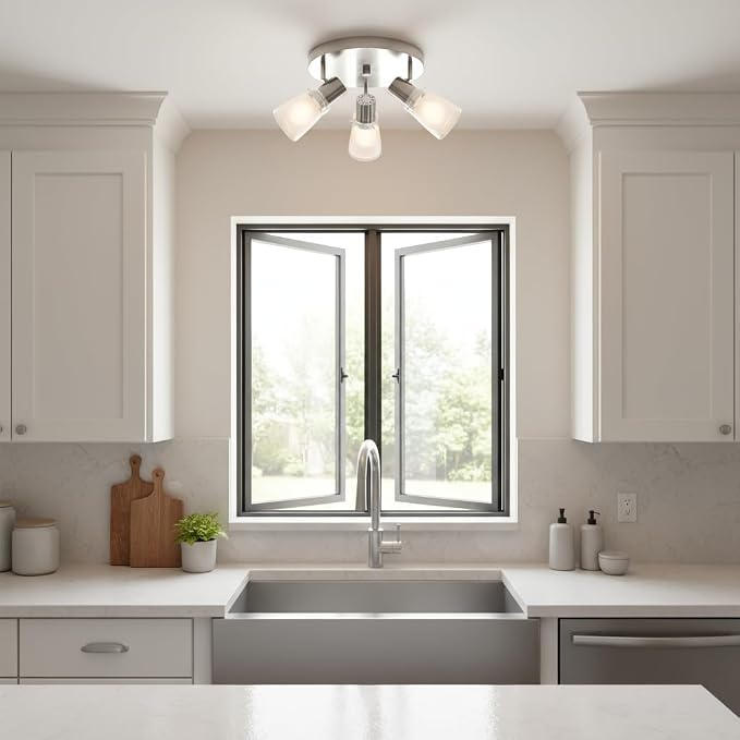 10” Track Lighting Kit, Brushed Nickel Finish Flush Mount Ceiling Light Fixture with Frosted Glass Shades, E26 Base Adjustable Heads Provide Directional Light (3-Light)