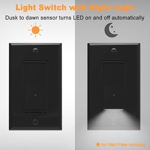 10 Pack SOZULAMP Light Switch with LED Night Light 15Amp 120/277Volt Rocker Single Pole Wall Switch, Automatic On/Off Sensor-Black