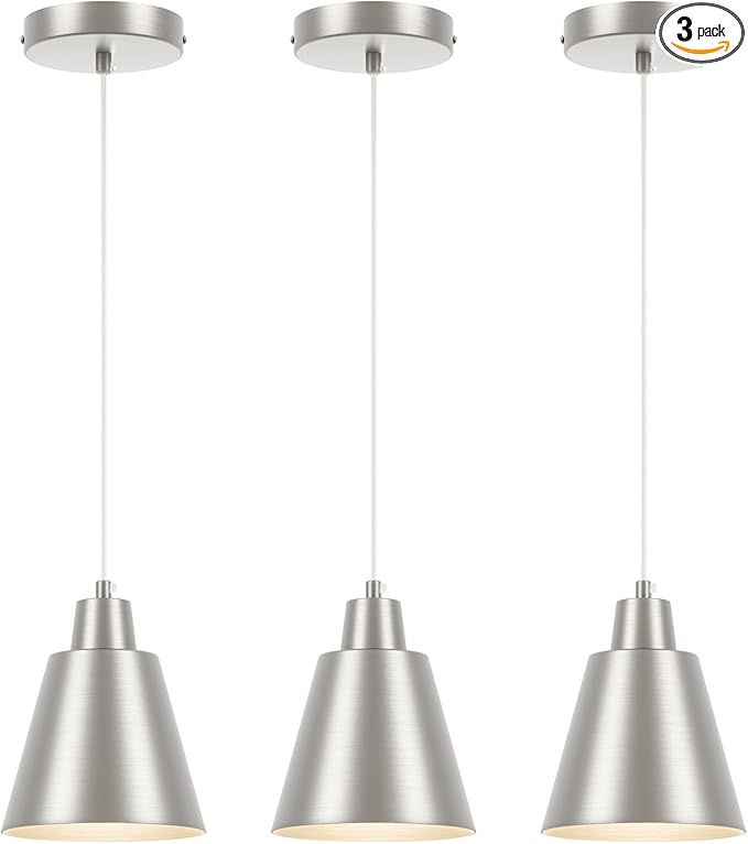Industrial Pendant Lights, Brushed Nickel Pendant Light Fixtures, Vintage Kitchen Island Lights with Metal Shade, Farmhouse Pendant Lights for Dinning Table Bedroom Bar - Nickel, 3 Packs