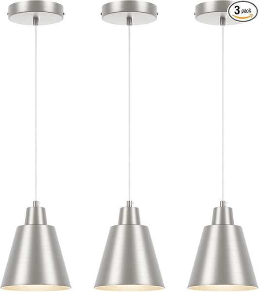 Industrial Pendant Lights, Brushed Nickel Pendant Light Fixtures, Vintage Kitchen Island Lights with Metal Shade, Farmhouse Pendant Lights for Dinning Table Bedroom Bar - Nickel, 3 Packs
