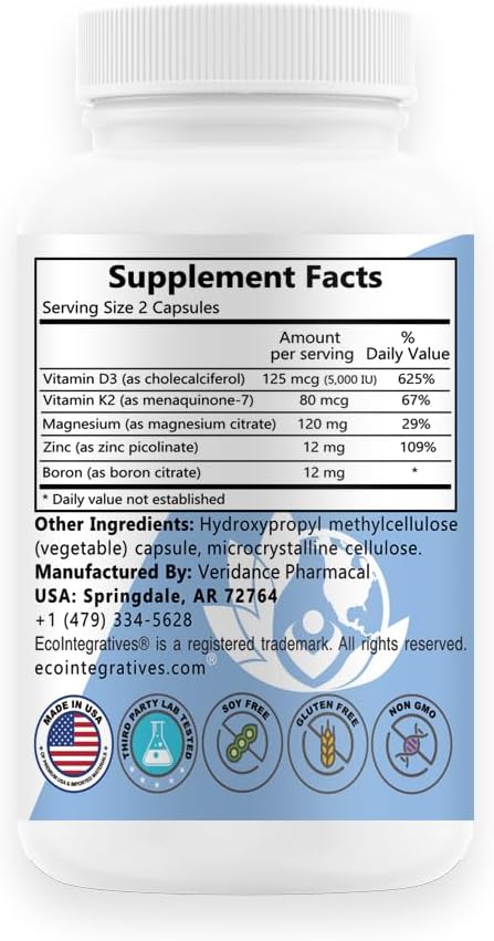 D3 Plus Bore Vitamine K2 Magnésium Zinc Soutient la Santé Cardiovasculaire, les Nerfs, les Muscles, les Os, les Dents, les Gencives et le Système Immunitaire, la Réparation Tissulaire, l'Équilibre Hormonal et le Métabolisme 60 gélules végétaliennes
