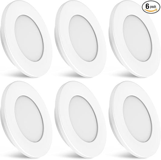 12V Under Cabinet Lighting RV Low Voltage Lights Marine LED Fixtures 12 Volt DC Puck Light Recessed Warm White 3000K, White Shell, 2watts 100lumens 2.7inch Pack of 6