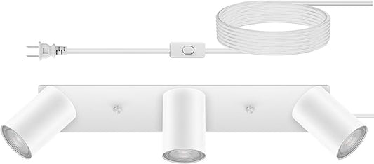 Plug in Track Lighting, 3 Light Ceiling Lighting Kit, White 3 Way Modern Wall Spotlight, 15 FT Cord,Flexibly Rotatable Complete Light Kits for Kitchen Cabinet Gallery Bar Living Room（No Bulb）