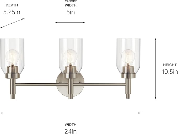 Kichler Madden 3-Light Bathroom Vanity Light Fixture with Clear Glass in Brushed Nickel, Modern Wall Mount for Mirror Lighting Over Vanity (10.5 in x 24 in), 55185NI
