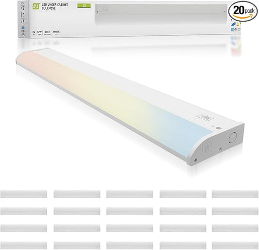 ASD 20 Pack LED Under Cabinet Lighting, 24 inch 12W 822 LM, Dimmable Hardwired Under Cabinet Lights for Kitchen, 3000K/4000K/5000K, Under Counter Light Fixtures, ETL, White, Bullnose Design