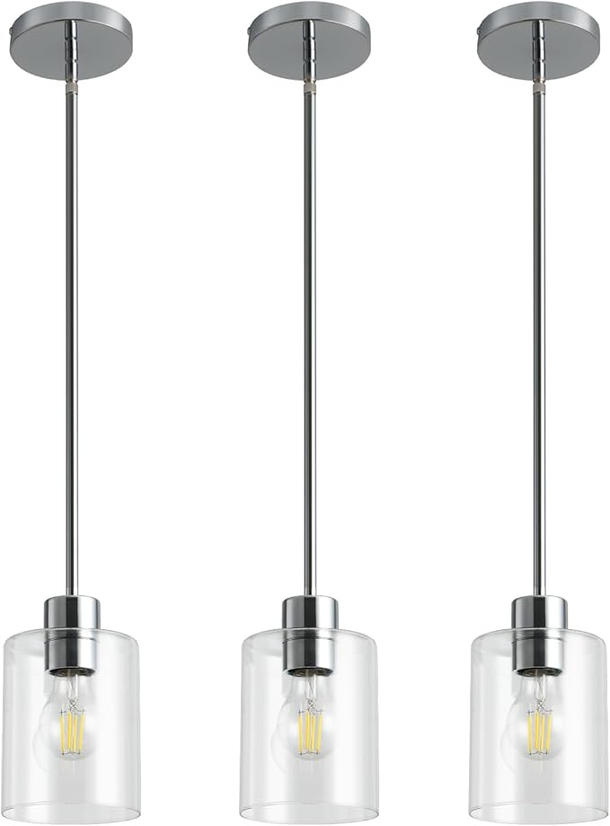 Chrome Pendant Lights Kitchen Island - Clear Glass Pendant Light Fixture Multiple Stems Rods 3 Units 12 Inch 3 Units 4 Inch (3 Pack Chrome Downrod)