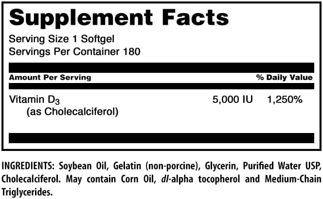 Amazing Formulas Complément de vitamine D3 (cholécalciférol) | 5000 UI par portion | Gélules | Sans OGM | Sans gluten | Fabriqué aux États-Unis (1 paquet | 180 capsules)