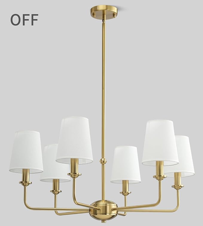 6-Light Brushed Gold Pendant Chandelier with Fabric Shades, E12 Base - Farmhouse & Industrial Style for Kitchen, Living Room, Dining Room, or Bedroom Lighting