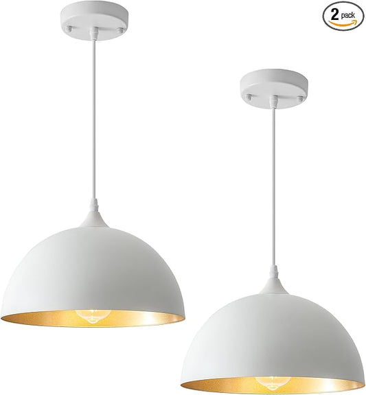 White Pendant Light 2 Pack, 11.8" Farmhouse Pendant Lights Adjustable Height, Modern Pendant Lighting for Kitchen Island Dining Room Bedroom