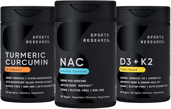 Sports Research Vitamin D3 K2 with Coconut Oil, Turmeric Curcumin C3 Complex Softgels with Bioperine Black Pepper Extract & Organic Coconut Oil and N-Acetyl L-Cysteine (NAC) 600mg Veggie Capsules