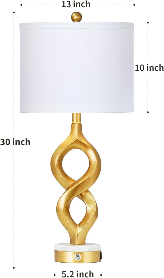 Cinyirong 30" White and Gold Table Lamp for Living Room, Modern Touch Control Bedside Lamp for Bedroom, 3-Way Dimmable Sculptural Resin Nightstand Lamp with USB A+C Ports and 1 LED Bulb (1 Pack)
