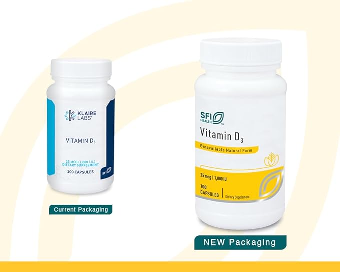 Klaire Labs SFI Health Vitamin D3 1000 IU - High Potency 25 Micrograms, Hypoallergenic Bone & Immune Support (100 Capsules)