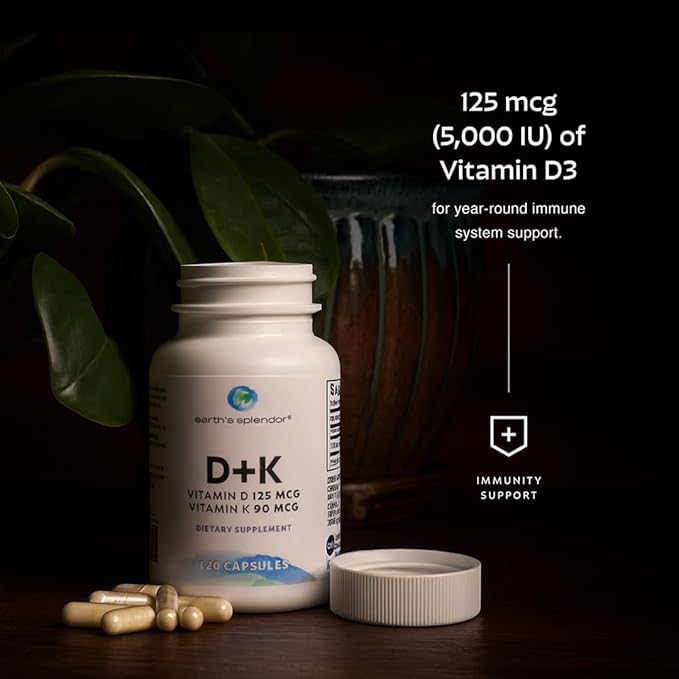 Splendeur de la Terre Vitamine D + K, 120 Gélules, Contient 120 mcg de Vitamine D3 et 90 mcg de Vitamine K2, Approvisionnement pour 4 Mois