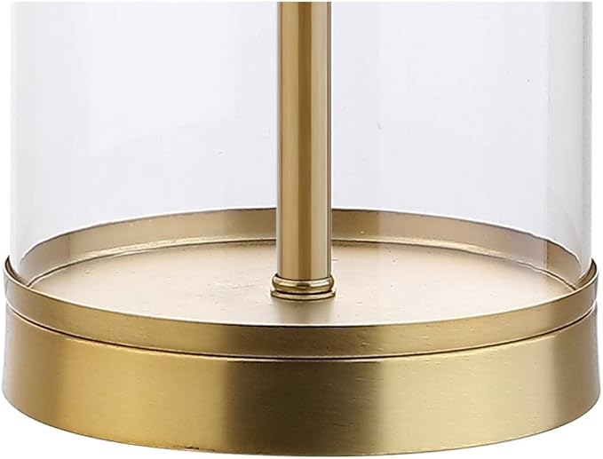 JONATHAN Y 29.25" Clear/Brass Gold Modern Glass Table Lamp for Living Room Bedroom, Minimalist Nightstand Bedside Lamp, White Linen Drum Shade, LED Bulb Included (JYL2005A)