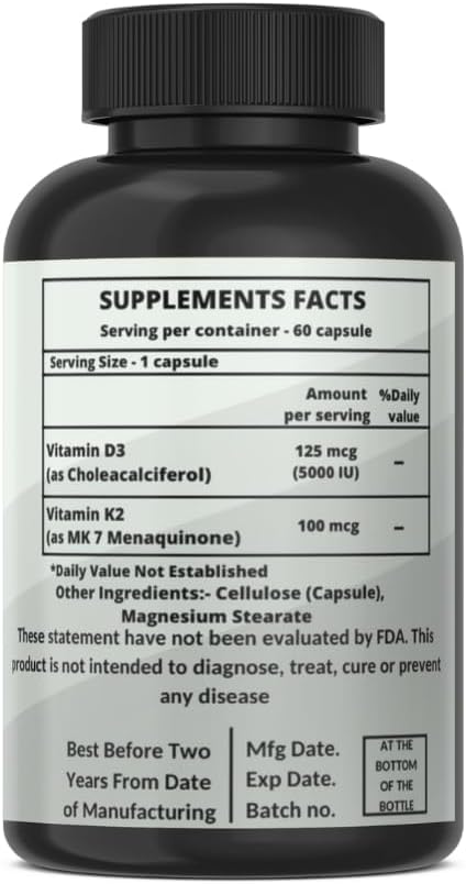 Vitamine K2 (MK7) et D3 Extra Fort Formule Sans OGM 5000 UI (125 mcg) Vitamine D3 et 90 mcg Vitamine K2 MK-7 Complexe Vitamine D & K Facile à Avaler (120 Gélules)