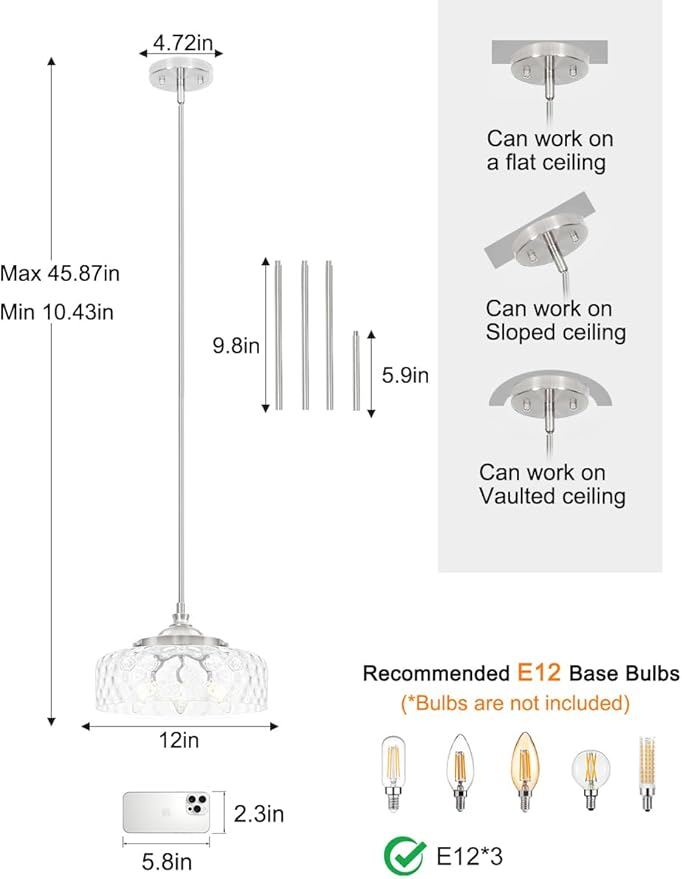 Brushed Nickel 3-Light Pendant Lights Kitchen Island, Modern Hammered Glass Kitchen Pendant Lighting Over Island, Adjustable Hanging Bathroom Light Fixtures for Hallway Entryway Dining Room,E12*3