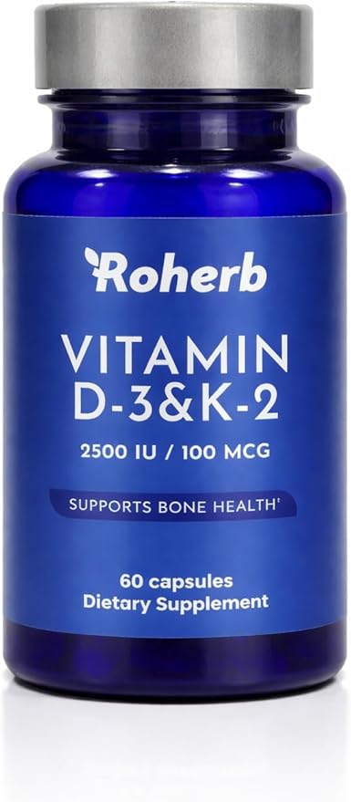 Vitamin D3 & K2 Capsules, 2500 IU Vitamin D3 with 100 mcg Vitamin K2 (MK-7),Halal, 60 Capsules
