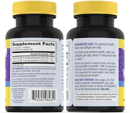 InnovixLabs Vitamine K2-90 Spectre Complet Gélules avec 600 mcg de MK7 et MK4 de Forme Trans - Soutient la Santé Générale et la Force Osseuse - Supplément de Vitamine K2 Sans Soja et Sans Gluten (Lot de 2)