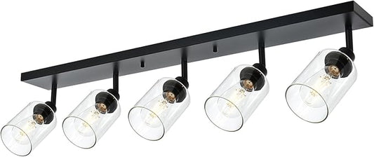 5 Light Black Bathroom Spotlight Fixture with Rotatable Light Head Indoor Vanity Lighting with Clear Glass Shade Metal Ceiling Mount Fixture