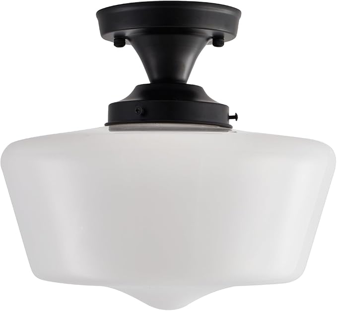 youngrender Semi Flush Mount Ceiling Light, Black Schoolhouse Milk Glass Light Fixture, Vintage Farmhouse Ceiling Light for Kitchen Hallway Entryway Bedroom Dining Room, E26
