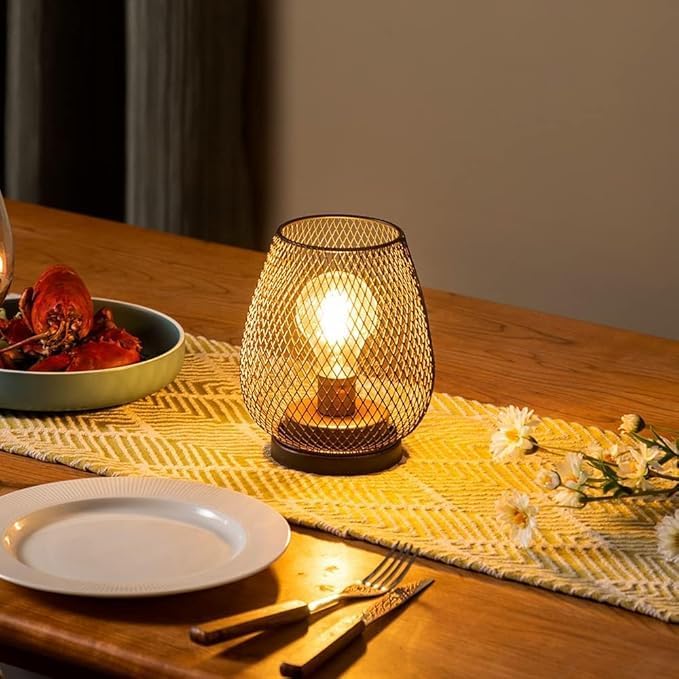 Set of 6 Battery Operated Lamp LED Table Lantern, Brown Metal Cage Cordless Lamps with LED Bulb，Vintage Decorative Outdoor Lantern for Weddings, Parties, Patio, Events for Indoors Shelf Decor