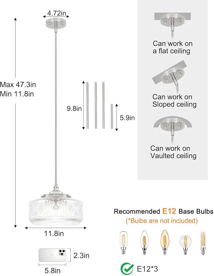 Vintage 3 Lights Drum Pendant Lights Kitchen Island with Etched Glass Shade, Adjustable Height Brushed Nickel Pendant Light for Kitchen Island, Dining Room,Bedroom,Hallway, E12 Base,Bulbs Not Included