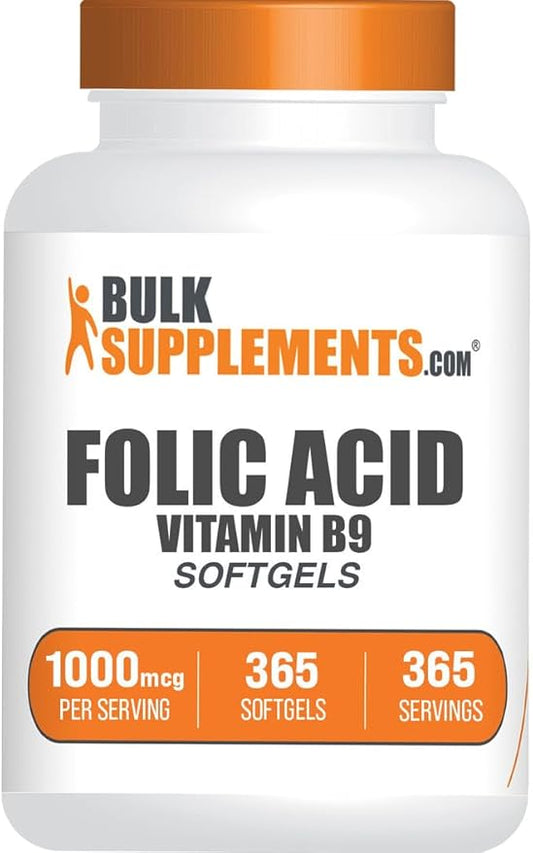 BulkSupplements.com Folic Acid Softgels - Vitamin B9, Folic Acid 1000 mcg, Folate Supplement - Gluten Free, 1 Softgel per Serving, 365 Count (Pack of 1)