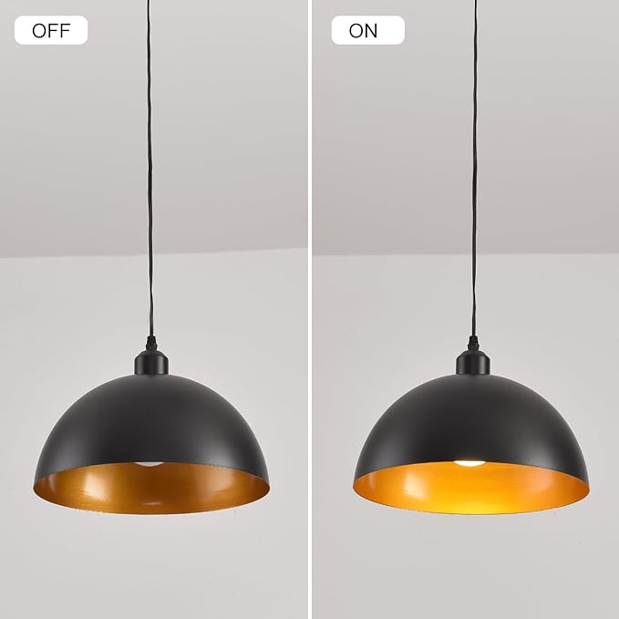 Plug in Pendant Light 2 Pack Industrial Hanging Lamp with Golden Finish Inside Black Vintage Pendant Lighting Fixtures with 15ft Cord On/Off Switch