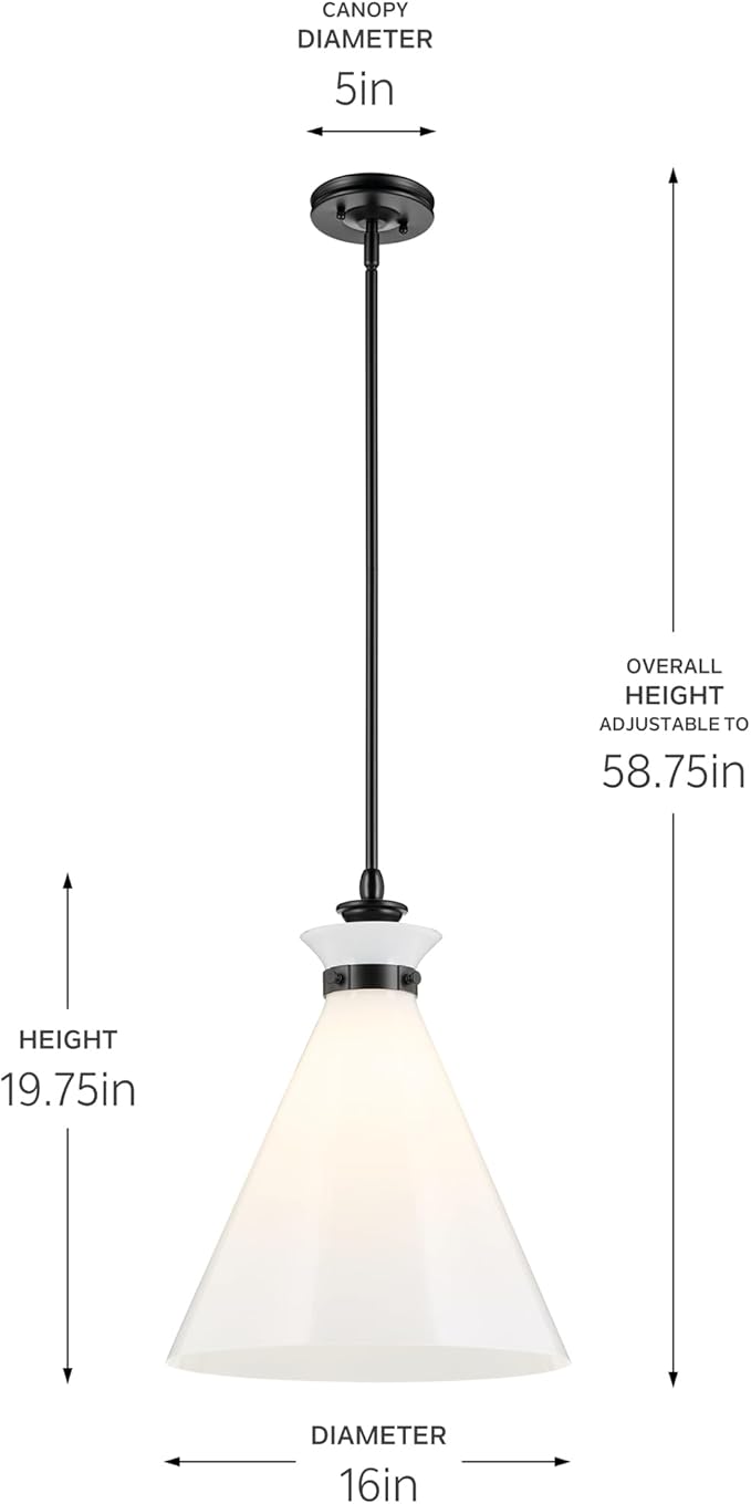 Kichler Laria 1-Light Pendant Light Fixture with Opal Glass, Kitchen Island Hanging Light in Black, Updated Traditional Style for Kitchen Island (19.75" x 16"), 52775BK