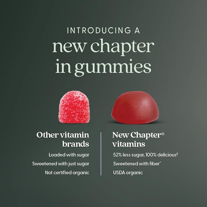 New Chapter Organic Vitamine D3+ Gummies – 52 % de sucre en moins§, 1 000 UI de vitamine D biologique USDA, UN Gummy par jour pour des os solides et une fonction musculaire optimale, sans OGM, sans gluten, saveur Fruits rouges mélangés, 60 unités