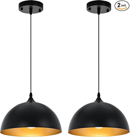 Farmhouse Pendant Lighting for Kitchen Island,Black and Gold Dome Pendant Light Fixtures, Industrial Hanging Ceiling Light for Dining Room Foyer Cafe Kitchen Sink,2 Pack